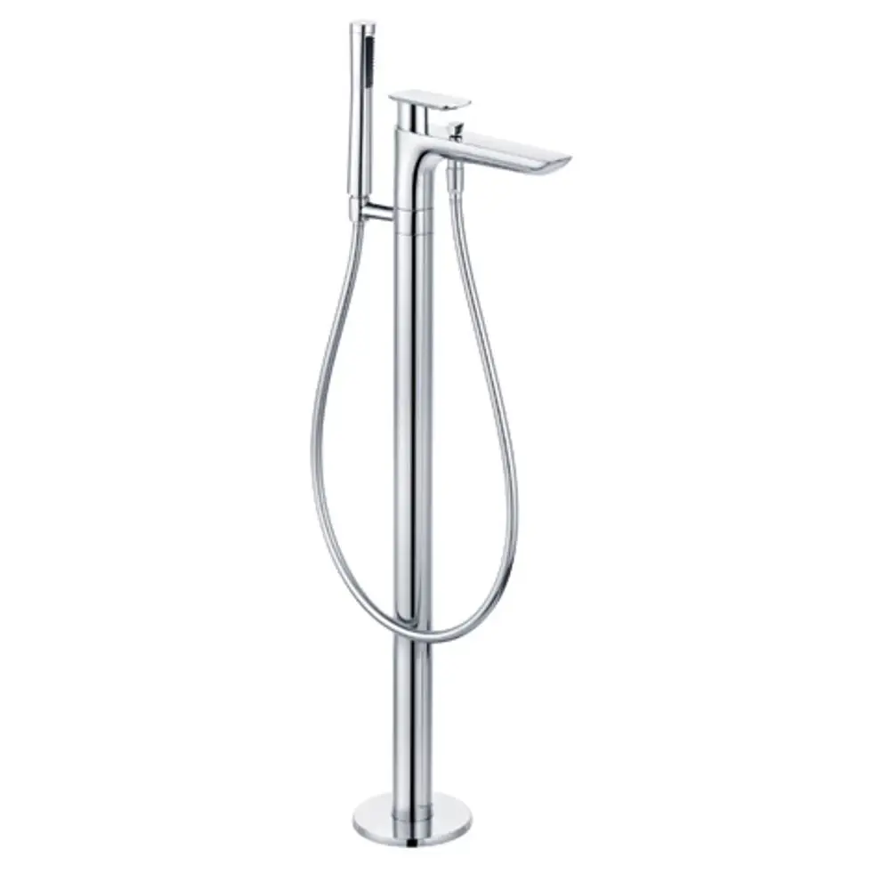 Standmischer von Kludi mit einer hohen, verchromten Säule. Enthält einen Wasserhahn und eine flexible Brause für Wannenbefüllung. Modernes Design, geeignet für Badezimmeranwendungen.
